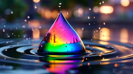 Wall Mural - vibrant iridescent bubble floats on dark water, reflecting colorful lights. water droplets splash ar