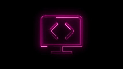 Glowing neon style computer screen with code brackets on a black background
