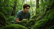 © Vasiliy - Man crouching in forest examining moss on fallen log during nature exploration. Environmental study and outdoor education for ecological research and learning
