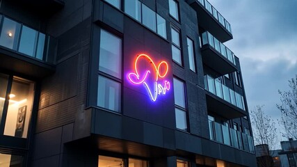 Wall Mural - neon light artwork on a modern building at dusk. the artwork is an abstract design in orange, pink, 