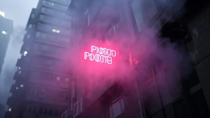 Wall Mural - Pink neon sign on a building in a foggy city at night. Tall buildings and smoke are visible in the background. Dark and moody atmosphere