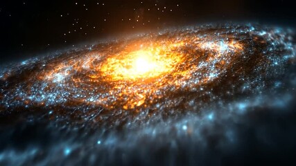 Wall Mural - Spiral galaxy with bright orange and yellow core, surrounded by swirling blue and white arms. Dark background with scattered stars