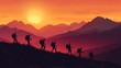 © Ashi - Group of hikers walking through majestic mountain trail at sunset with golden sky and scenic peaks in the background, capturing outdoor adventure, nature exploration, and scenic hiking travel landscap