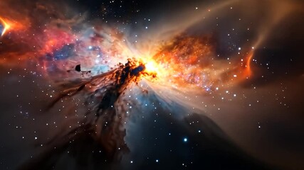 Wall Mural - Cosmic clouds of gas and dust illuminated in vibrant oranges, reds, and blues against a dark, starry backdrop. The nebula's intricate patterns create a celestial landscape