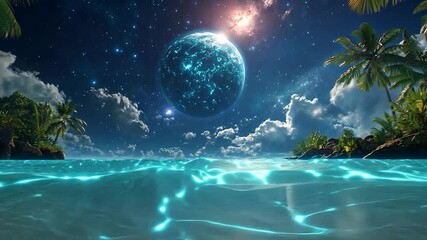 Wall Mural - glowing teal ocean waves lap a sandy beach under a vibrant, starry night sky. a large, luminous blue