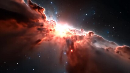 Wall Mural - A vibrant nebula glows with red and blue hues against a dark background of stars.  The central region displays intense brightness, while wispy clouds of gas and dust extend outward