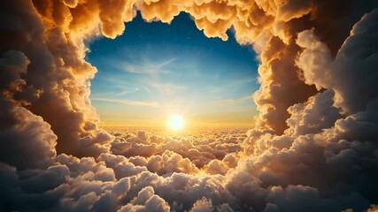 Wall Mural - golden sunset light shines through a cloud opening, revealing a breathtaking view of a cityscape bel