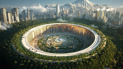 Wall Mural - aerial view of a futuristic city with a large, circular structure surrounded by lush greenery and mo