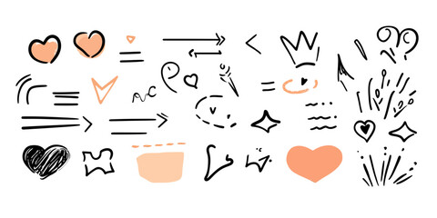 Wall Mural - hand drawn vector arrows highlights hearts crowns sketch style doodle elements for decoration emphas