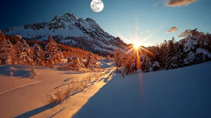 Wall Mural - sunset over snow covered mountain range with full moon, winter landscape, golden hour light reflecti