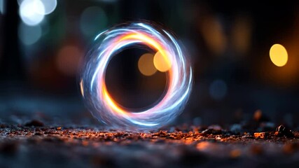 Wall Mural - Glowing blue and orange energy ring hovering above dark ground, bokeh lights in background. Abstract, swirling energy, dark fantasy, mystical, magical