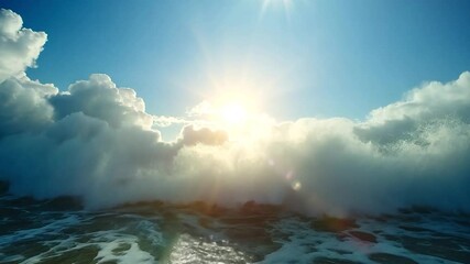 Wall Mural - ocean waves crashing against each other under a bright sun and fluffy clouds. the scene is full of e