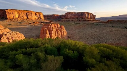 Wall Mural - sunrise illuminates a lush green grove nestled between towering red rock formations in a desert land