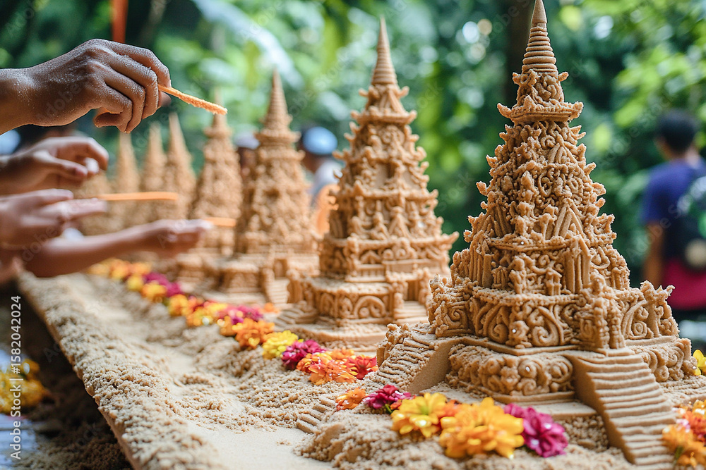 Sand Castle Rice Sand castle decorated with flowers. Making sand castles for Songkran ...