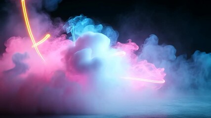 Wall Mural - abstract image of vibrant pink, blue, and orange light trails exploding from a white smoke cloud aga
