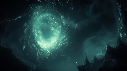 Wall Mural - a swirling vortex of teal luminescence dominates a dark, possibly cosmic, background. jagged, shadow