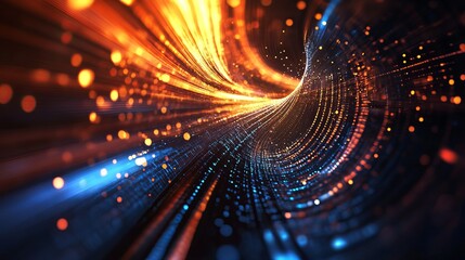 Wall Mural - abstract swirling tunnel of light and energy, vibrant hues of orange, blue, and sparks