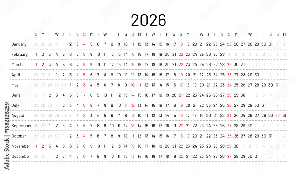 2026 calendar. Linear horizontal planner for year. Yearly calender ...