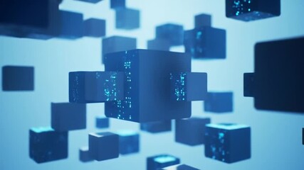 Wall Mural - floating blue gradient lit cubes with glowing particles on soft blue background abstract 3d render d