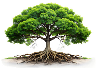 a majestic deciduous tree with a vast network of exposed roots, isolated on a clean transparent back