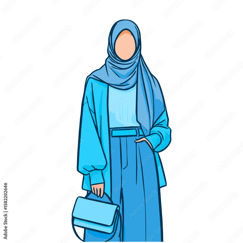Stylish woman in a light blue hijab and matching outfit, holding a ...