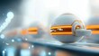 © Po - Engineer construction site concept. Futuristic spherical object on a sleek surface with glowing accents in a high-tech environment.