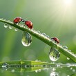 © MOLNAR - Two red ladybugs on a green leaf with water droplets. The background is softly blurred, showcasing a natural, fresh environment.