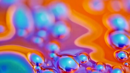 Canvas Print - iridescent spheres floating on an orange and blue liquid surface