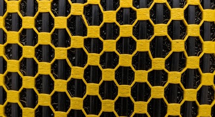 A close-up, full-frame macro shot of a black and yellow hexagonal mesh pattern, forming an intricate abstract texture