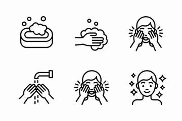 A set of six icons depicting the steps of washing one's face, including soap, hands, water, and a clean face.