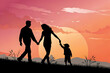 © Ajmeer - Family silhouette walks happily during a vibrant sunset, demonstrating connection, love and the joy of spending quality time together.