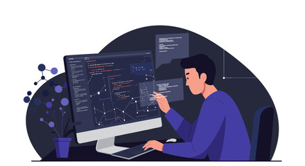Developer analyzing data on computer with graphs and code displayed on screen