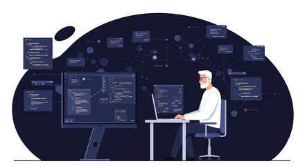 Modern programmer working on code with interactive digital interface in dark mode
