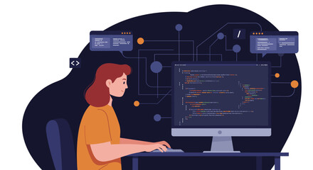 Female developer coding on desktop computer in modern flat design