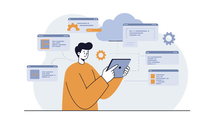 Man using digital tablet with cloud computing interface and software development elements