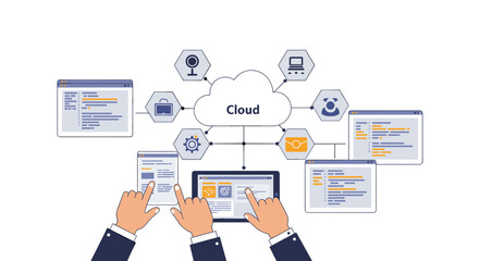 Flat design cloud computing concept with hands interacting on digital devices for data management
