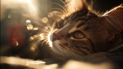 Wall Mural - A striped cat looks cozy while resting, with sunlight illuminating its face and creating bokeh effects around it. Its eyes reflect the light, adding depth to its calm gaze.