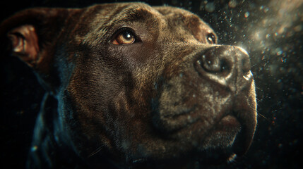 Wall Mural - A close-up of a brown dog's face looks upward, illuminated by soft lighting. Fine details of its fur and sparkling dust particles around create a serene ambiance.