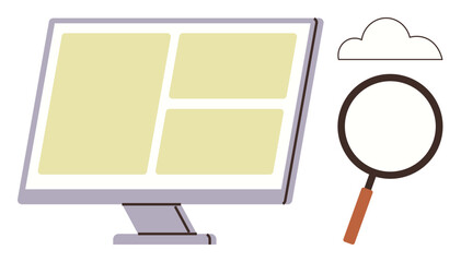 Desktop monitor displaying grid layout, magnifying glass signifying search, and cloud connected to storage. Ideal for research, data analysis, UX design, cloud computing, internet, digital tools