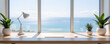 © Atchariya63 - Modern office desk with laptop and lamp by large window overlooking calm ocean under clear sky, creating peaceful and bright workspace