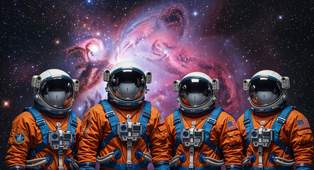 four astronauts stand in front of a colorful nebula