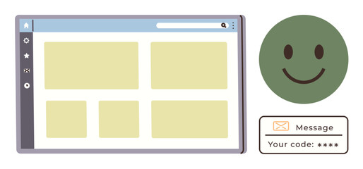 Web browser window design alongside a green smiling face and a messaging code box. Ideal for web design, user interface, communication, coding, tech tutorials, online interaction, simple flat