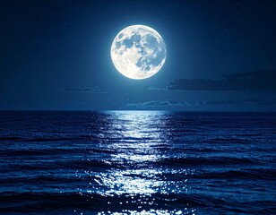 A serene ocean reflects the full moon under a dark blue sky filled with distant stars, creating a peaceful night scene.