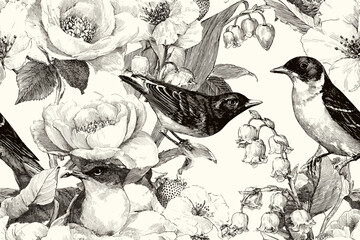 seamless pattern, vector floral design with birds, insects, summer garden flowers like roses, strawb