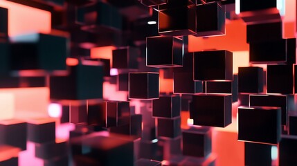Dynamic Array of Floating Black Cubes with Illuminated Edges on Red Background