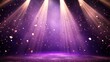 © Chaikit - premium award ceremony stage lighting, intersecting bright spotlight rays, deep purple atmospheric fade to soft pink, descending metallic gold confetti pieces, floating illuminated dust creating