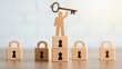 © N7 - One wooden figure holding a key above locked blocks — unlocking potential and leadership power