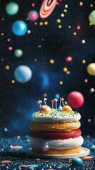Wall Mural - colorful cosmic birthday cake with sprinkles and candles, surrounded by stars and planets in a deep 