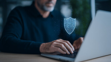 Man hands typing on laptop in office and cybersecurity shield interface 73021064 1