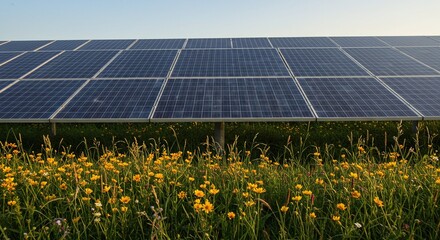 Solar Panel Array in Green Field with Yellow Wildflowers Under Clear Sky